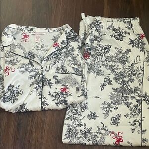Victoria's Secret Toile Black and Red Floral ribbon long sleeve Pajama Set